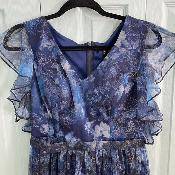 Mgiacy Floral Dark Blue Flutter Sleeve Maxi Dress Medium Lined Fairy Grunge - Picture 2 of 13